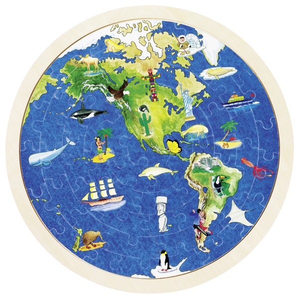 Puzzle em madeira redondo com moldura 57 peças - Mundo