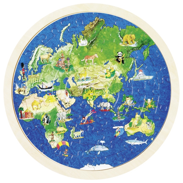 Puzzle em madeira redondo com moldura 57 peças - Mundo